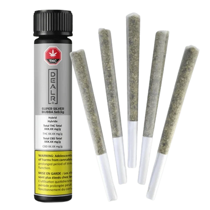 Straight-on view of a black-topped tube and five pre-rolled joints arranged fan-like, labeled "Super Silver Bubba PR 5 x 0.5 g."