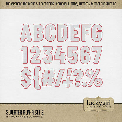 Design the cutest digital scrapbooking page titles with this knit sweater alpha set by Lucky Girl Creative digital art. Perfect for winter weather, Christmas, Valentine's Day, and cozy holiday pages! The white knit is surrounded by a red accent and features a transparent background allowing your digital papers to show through. This alpha set consists of a full set of uppercase letters A-Z, numbers 0-9, and most punctuation marks. This digital scrapbooking alpha set is available as individual embellishments