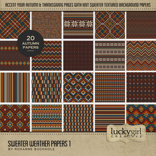 Perfect for autumn, fall, and cold weather adventures, these cozy digital scrapbooking knit sweater background papers by Lucky Girl Creative digital art will add the perfect touch of warmth to all your seasonal scrapbook pages. Great for Christmas pages, too, and easily colorized by adjusting the hue.