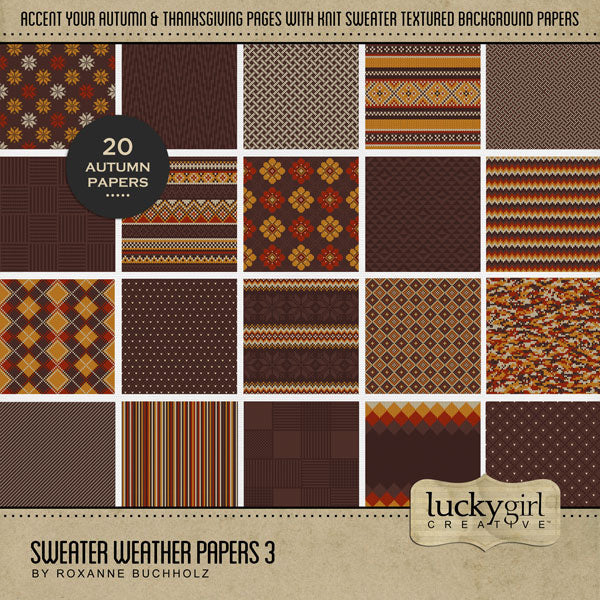 Perfect for autumn, fall, and cold weather adventures, these cozy digital scrapbooking knit sweater background papers by Lucky Girl Creative digital art will add the perfect touch of warmth to all your seasonal scrapbook pages. Great for Christmas pages, too, and easily colorized by adjusting the hue.