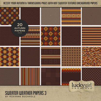 Perfect for autumn, fall, and cold weather adventures, these cozy digital scrapbooking knit sweater background papers by Lucky Girl Creative digital art will add the perfect touch of warmth to all your seasonal scrapbook pages. Great for Christmas pages, too, and easily colorized by adjusting the hue.