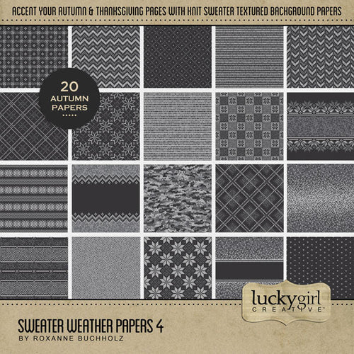 Perfect for autumn, fall, and cold weather adventures, these cozy digital scrapbooking knit sweater background papers by Lucky Girl Creative digital art will add the perfect touch of warmth to all your seasonal scrapbook pages. Great for Christmas pages, too, and easily colorized by adjusting the hue.