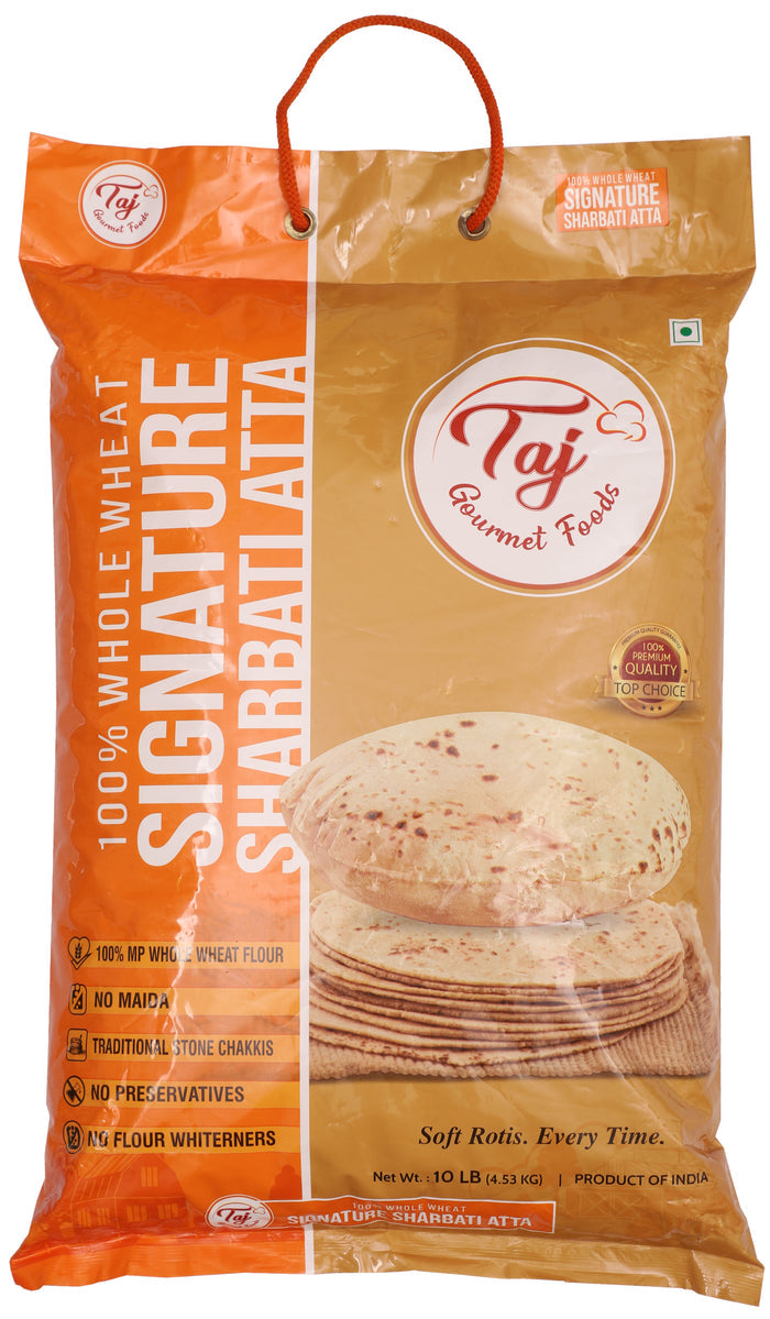TAJ Signature Sharbati Atta, 100% Whole Wheat Flour, Chappati Flour, 10lbs