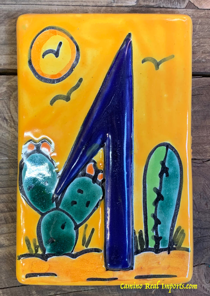 Talavera Tile House Numbers Cactus with Yellow Desert Design