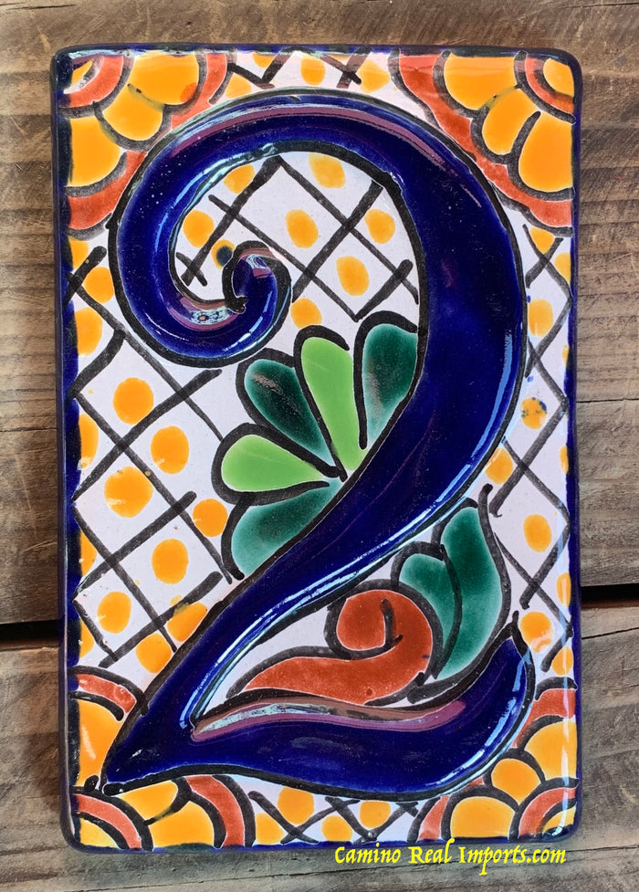 Talavera Tile House Numbers White with yellow dots Design