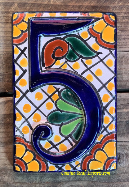 Talavera Tile House Numbers White with yellow dots Design