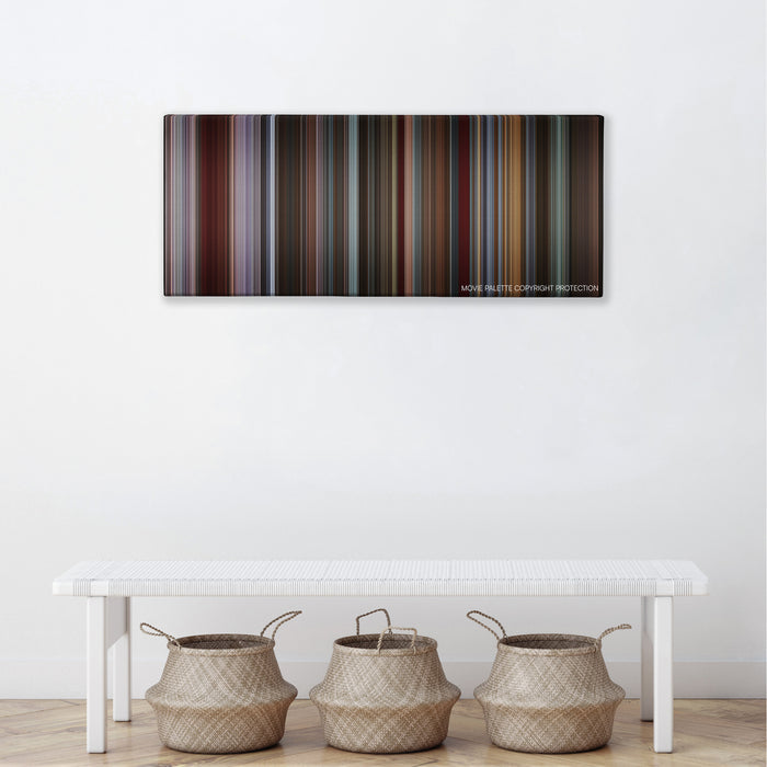 That Awkward Moment color palette canvas above a white bench with three woven baskets