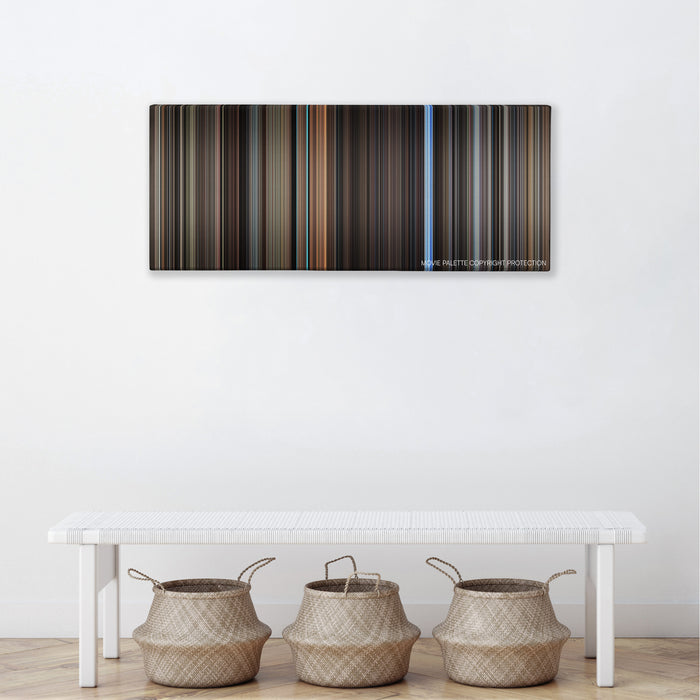 The Conversation color palette canvas above a white bench with three woven baskets