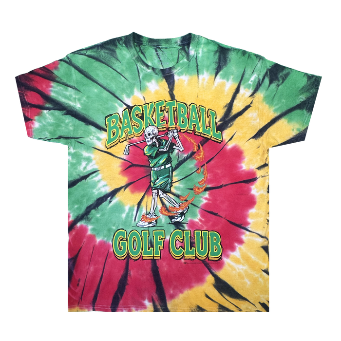 Introducing The Dead Golf Tee By Doc from By DOC—a heavyweight cotton tie-dye T-shirt in green, yellow, and red. This classic fit tee features a skeleton in basketball attire swinging a golf club, with large “BASKETBALL GOLF CLUB” text in yellow and green and a flaming basketball graphic near the skeleton’s feet. Blending playful graphics with bold style, The Dead Golf Tee By Doc delivers a standout look.