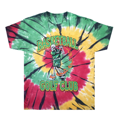 Introducing The Dead Golf Tee By Doc from By DOC—a heavyweight cotton tie-dye T-shirt in green, yellow, and red. This classic fit tee features a skeleton in basketball attire swinging a golf club, with large “BASKETBALL GOLF CLUB” text in yellow and green and a flaming basketball graphic near the skeleton’s feet. Blending playful graphics with bold style, The Dead Golf Tee By Doc delivers a standout look.