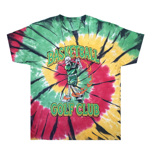 Introducing The Dead Golf Tee By Doc from By DOC—a heavyweight cotton tie-dye T-shirt in green, yellow, and red. This classic fit tee features a skeleton in basketball attire swinging a golf club, with large “BASKETBALL GOLF CLUB” text in yellow and green and a flaming basketball graphic near the skeleton’s feet. Blending playful graphics with bold style, The Dead Golf Tee By Doc delivers a standout look.