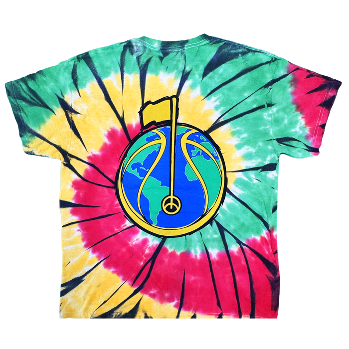 The Dead Golf Tee By Doc from By DOC is a heavyweight cotton tie-dye T-shirt in green, red, yellow, and black spiral patterns. The back displays a graphic of Earth—its blue and green continents—bearing a yellow peace sign outlined in black that transforms into a flagpole with a yellow flag, all featured on this classic fit tee.