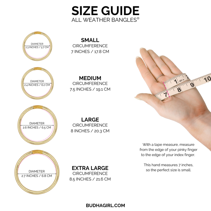Size guide for All Weather Bangles® including measurements for Small, Medium, Large, and Extra Large.