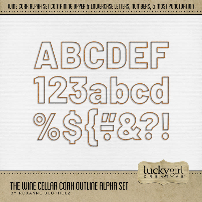 Document your weekend trip to the winery with this beautiful digital scrapbooking alpha set filled with wine corks by Lucky Girl Creative digital art! Great for vacations to Napa Valley and Sonoma Valley in California, France, and more! The Wine Cellar Cork Outline Alpha Set consists of a full set of digital art uppercase letters A-Z, lowercase letters a-z, numbers 0-9, and most punctuation.