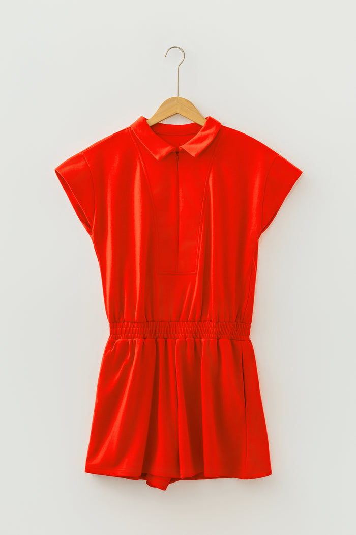 Tomato Red Half Zip Polo Tee Elastic Waist Romper 🇺🇸