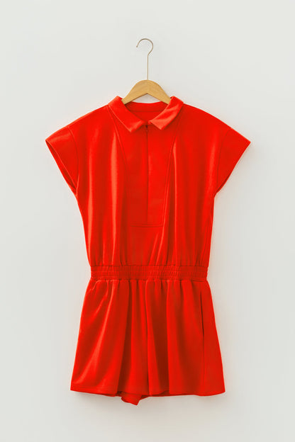 Tomato Red Half Zip Polo Tee Elastic Waist Romper 🇺🇸