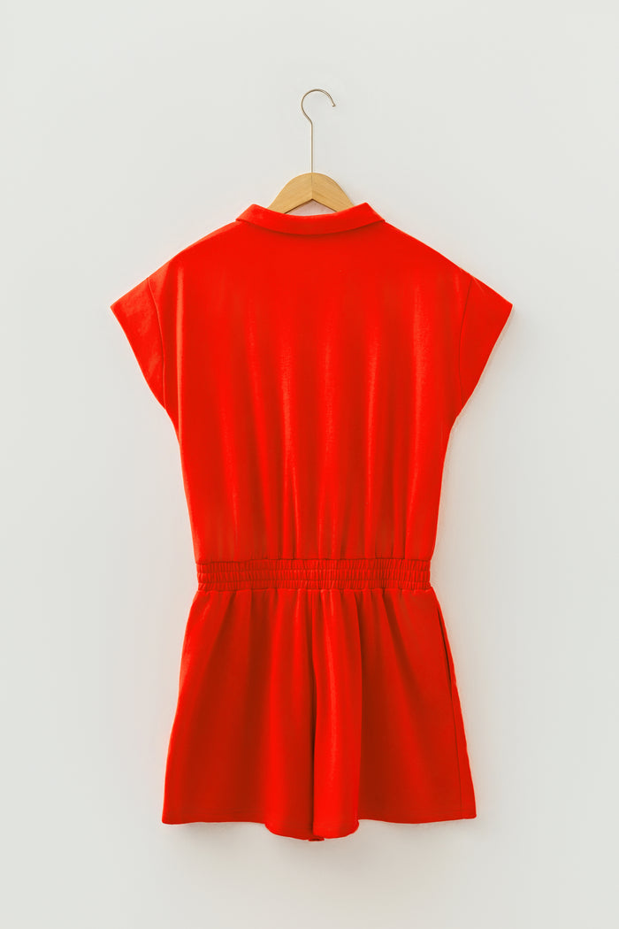 Tomato Red Half Zip Polo Tee Elastic Waist Romper 🇺🇸