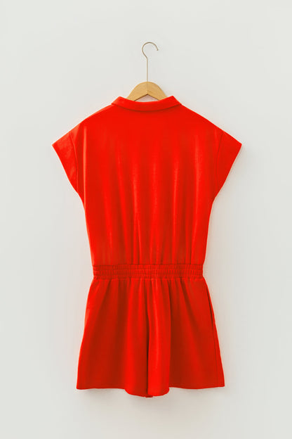 Tomato Red Half Zip Polo Tee Elastic Waist Romper 🇺🇸