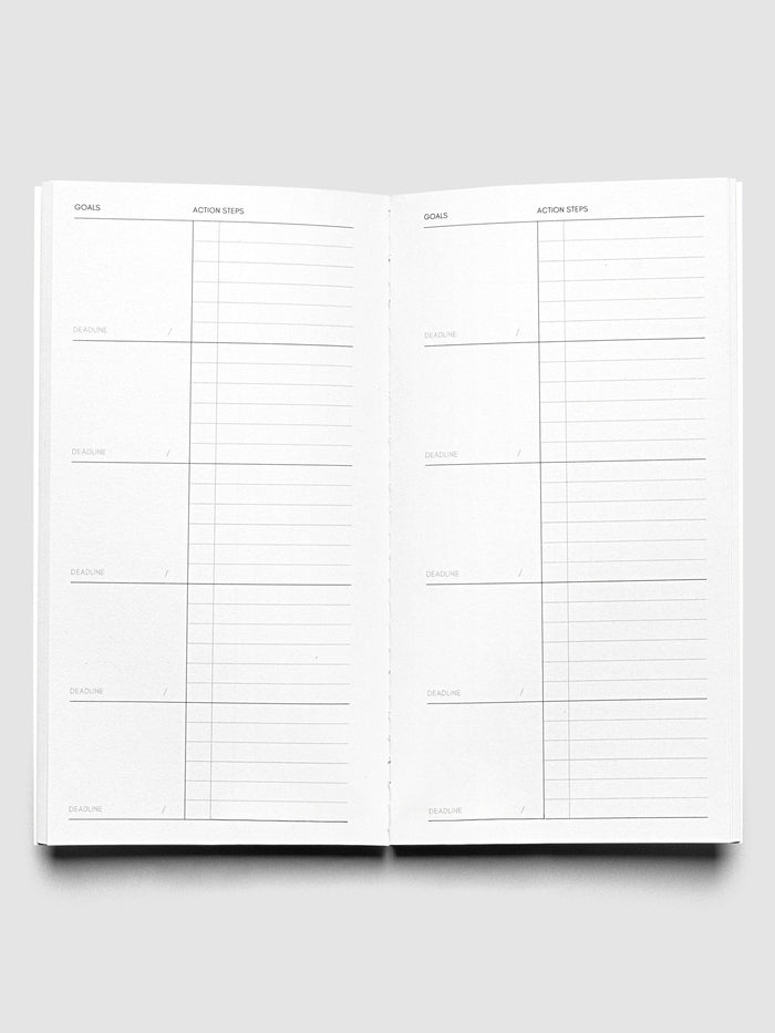 Interior of Travel Notebook in size Pocket Plus in color Ibiza with Goal Tracking pages.