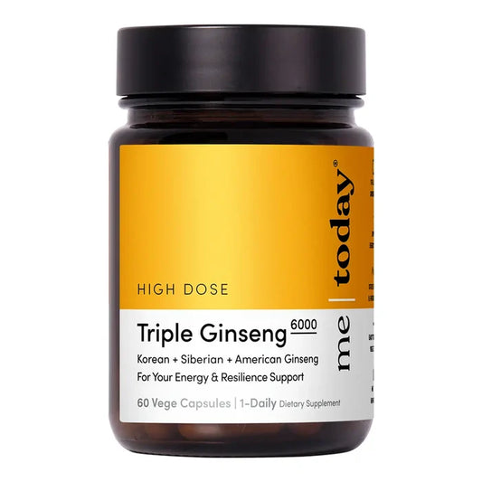A dark amber glass bottle of Triple Ginseng 6000 supplement with a black cap and a yellow and white label.