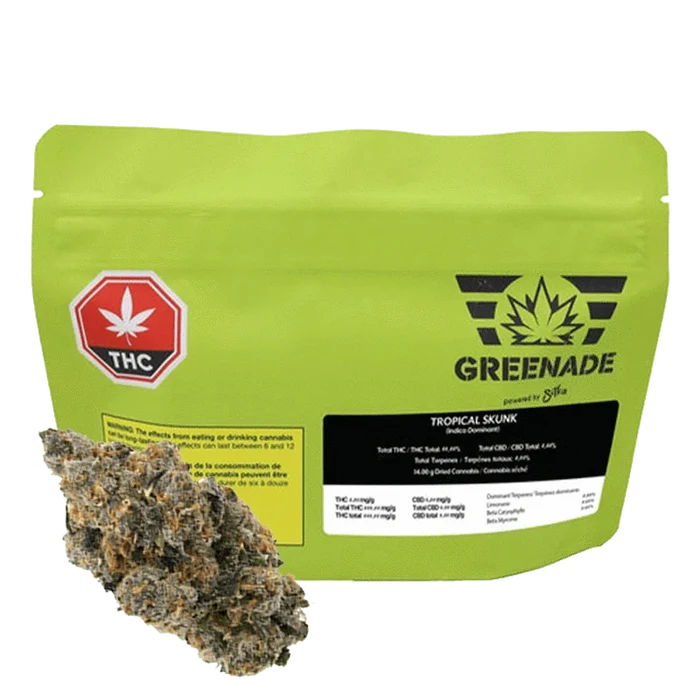 Front-facing pouch of Greenade Tropical Skunk in lime packaging with a black logo and a cannabis bud pictured at the lower left.