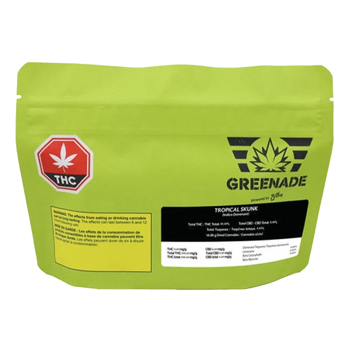 Rear view of the lime-green GREENADE Tropical Skunk pouch with THC symbol and black product label centered near the bottom.