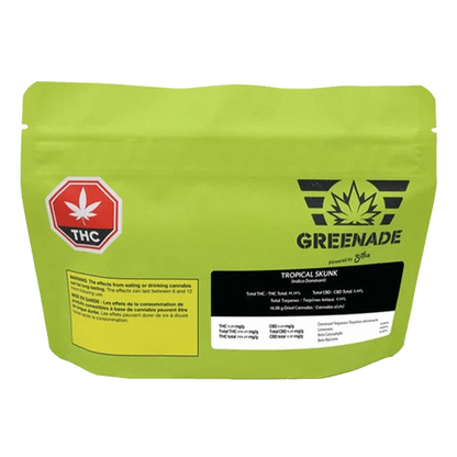 Rear view of the lime-green GREENADE Tropical Skunk pouch with THC symbol and black product label centered near the bottom.