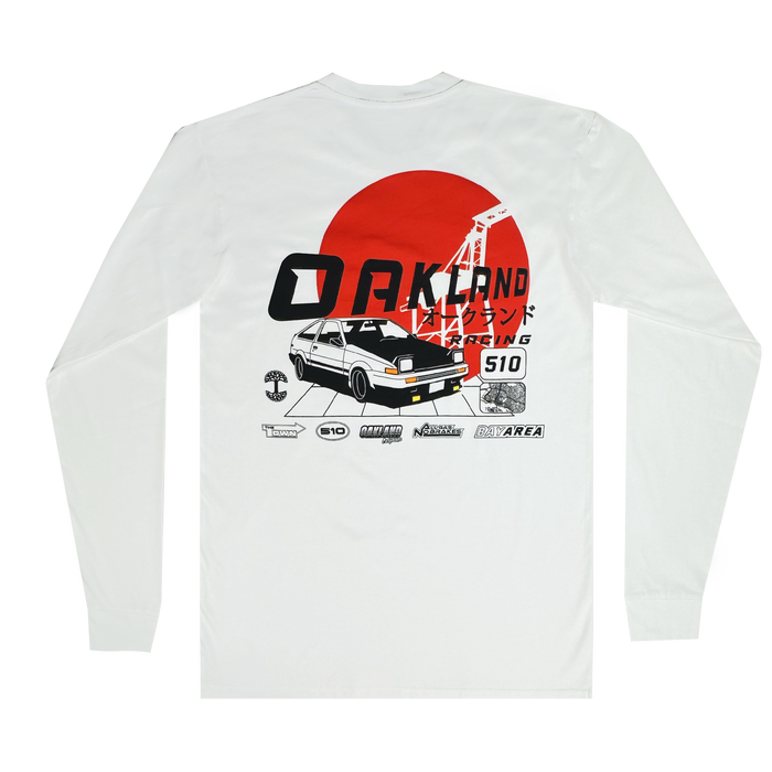 The Tuner LS Tee by Oaklandish features a classic fit with a graphic of a vintage car under a bold red sun. Highlighting "OAKLAND RACING" in Japanese characters and "510," it merges automotive and urban styles in modern art, crafted from 100% cotton for comfort.