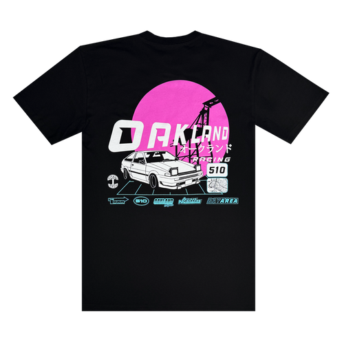 The Tuner Tee by Oaklandish is a men's classic fit black T-shirt boasting a retro design. Made from 100% cotton, it features a white car illustration on a large pink circle with "Oakland Racing," Japanese characters, and logos like D1, Nismo, Motul, and Vertex.