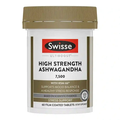 A white plastic bottle of Swisse Ultiboost High Strength Ashwagandha supplement with a brown cap and a brown and white label.