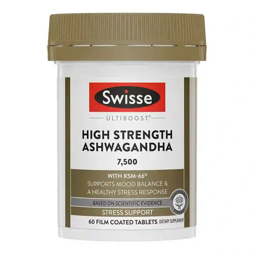 A white plastic bottle of Swisse Ultiboost High Strength Ashwagandha supplement with a brown cap and a brown and white label.
