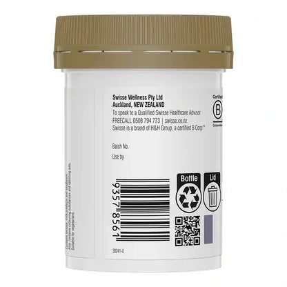 Back view of a white plastic supplement bottle with a brown cap, showing text, a barcode, and recycling symbols.