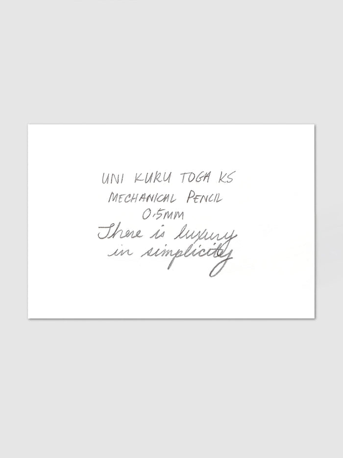 Uni Kuru Toga KS Mechanical Pencil handwriting swatch card with sample text in pencil