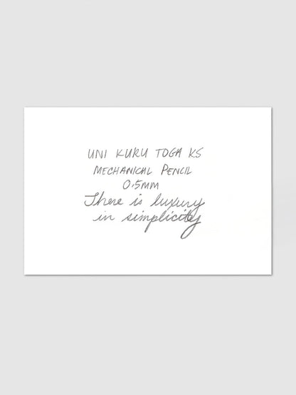 Uni Kuru Toga KS Mechanical Pencil handwriting swatch card with sample text in pencil