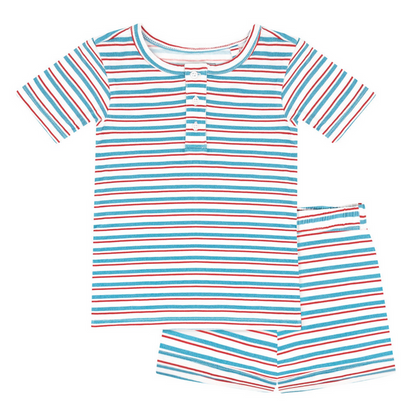 unisex jetty stripe shirt and short pima pajamas set