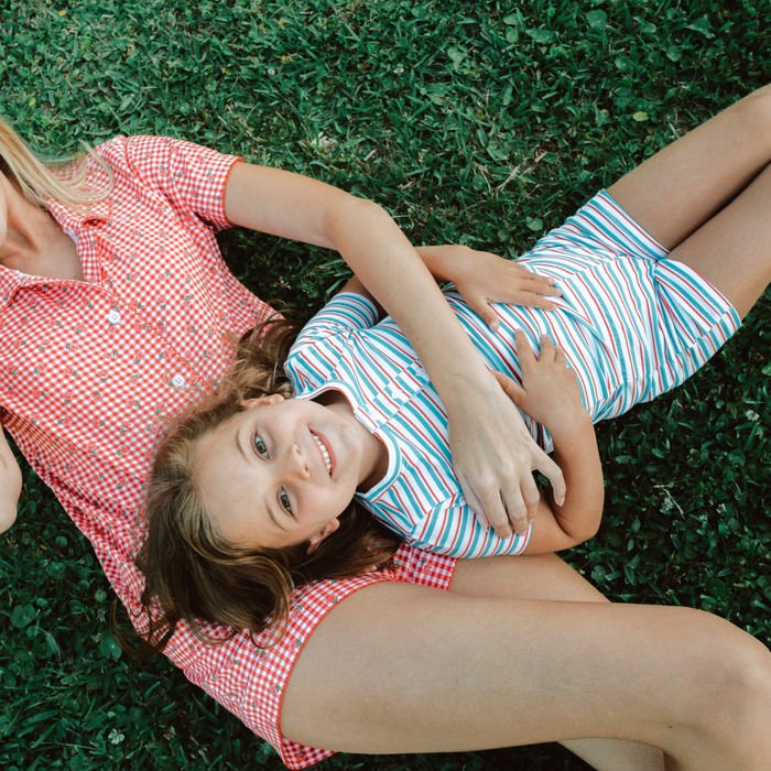 unisex jetty stripe shirt and short pima pajamas set