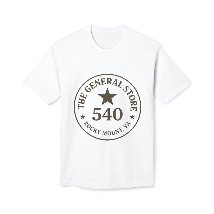 White t-shirt with 'The General Store 540 Rocky Mount, VA' logo on a white background