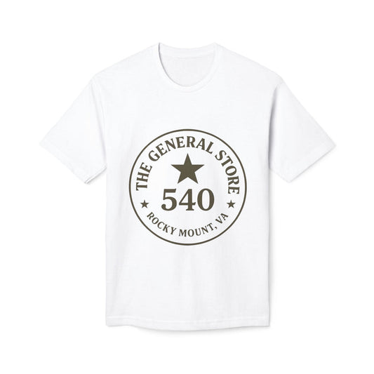 White t-shirt with 'The General Store 540 Rocky Mount, VA' logo on a white background