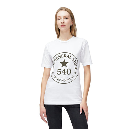 Person wearing a white t-shirt with a logo and text on a white background