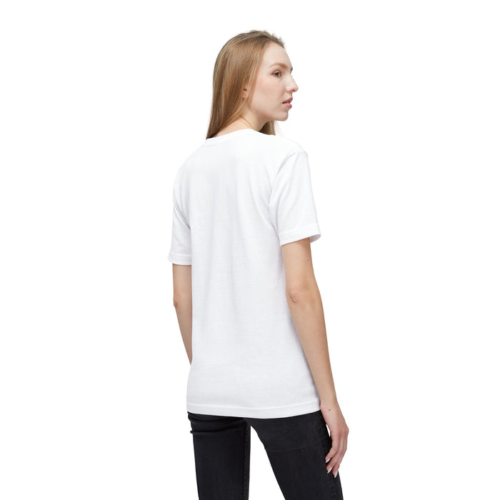 Woman wearing a plain white t-shirt on a white background