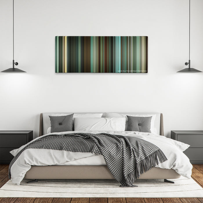 Unleashed color palette canvas above a bed, between two black pendant lamps