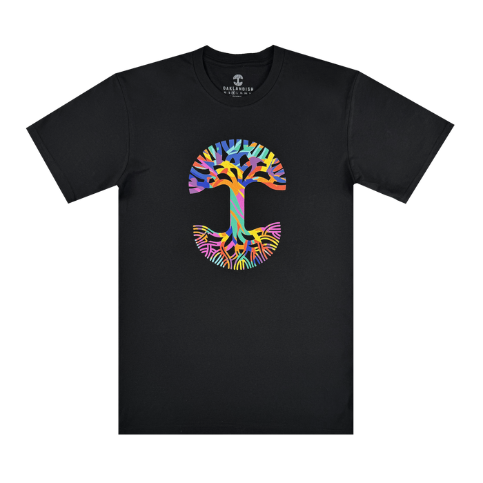 The Urban Tropics Tee by Oaklandish features a vibrant, abstract tree forming a bold "C" on black fabric. Designed by Oakland artist Kalani Ware, its colorful graphic stands out against the dark tee for an eye-catching look.