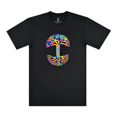 The Urban Tropics Tee by Oaklandish features a vibrant, abstract tree forming a bold "C" on black fabric. Designed by Oakland artist Kalani Ware, its colorful graphic stands out against the dark tee for an eye-catching look.