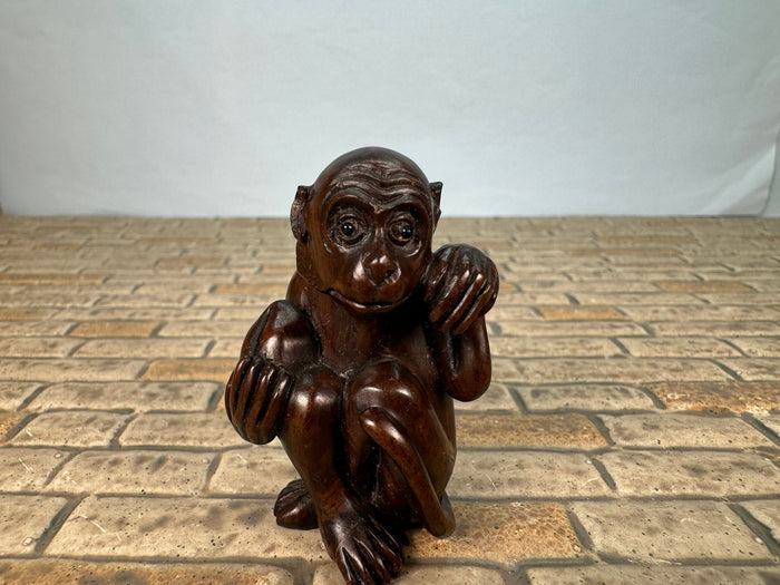 Vintage Artisan Signed Handmade Carved Wooden Monkey