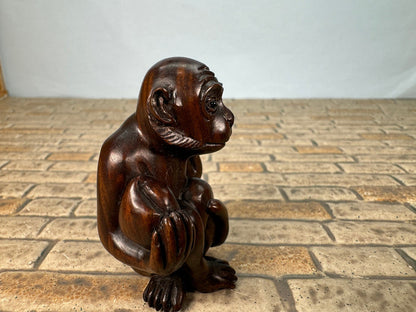 Vintage Artisan Signed Handmade Carved Wooden Monkey