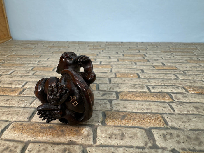 Vintage Artisan Signed Handmade Carved Wooden Monkey
