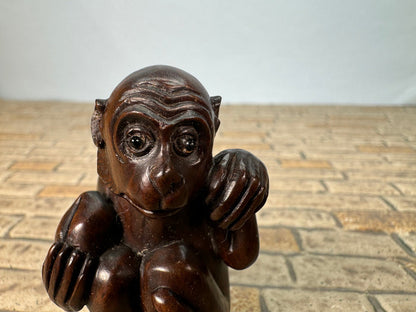 Vintage Artisan Signed Handmade Carved Wooden Monkey