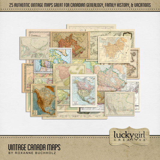 Celebrate your travel memories to Canada with these authentic vintage maps of Canada and it's provinces and territories by Lucky Girl Creative digital art for digital scrapbooking. Great for Canadians, vacations to Canada, and family history and genealogy projects. Map embellishments include Alberta, British Columbia, Manitoba, New Brunswick, Newfoundland and Labrador, Nova Scotia, Ontario, Prince Edward Island, Quebec, Saskatchewan, Nunavut, Northwest Territories, and Yukon.