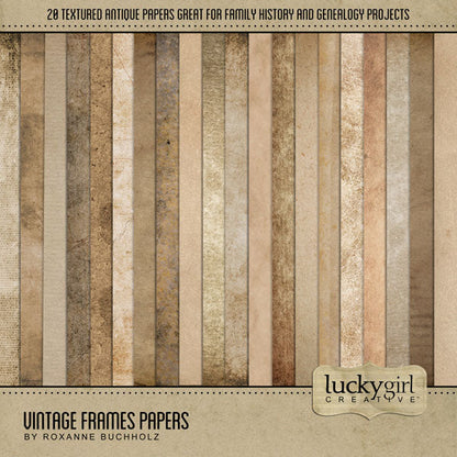 Filled with vintage photo frame embellishments and papers, this digital scrapbooking kit by Lucky Girl Creative digital art is great for telling your story, whether it is a personal project or a heritage and genealogy album. From weathered and tattered frames to lined and wrinkled paper with chipboard finishes, these digital scrapbooking elements and papers will add warmth to all your pages.