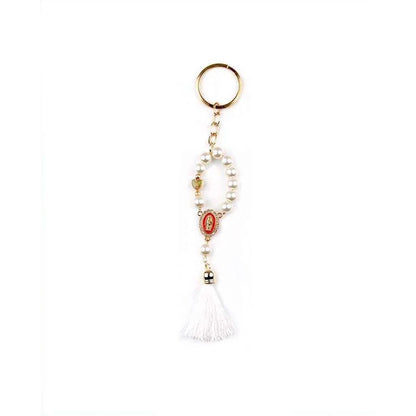 Virgin Mary Pearl Rosary Keychain with Tassel – Religious Guadalupe Keyring Favor (12 Pack / 1 Dozen) (YNV-1649)